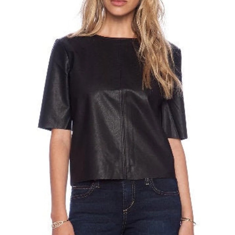 Veda Black leather‎ Short Sleeve Boxy Crop Top nwt